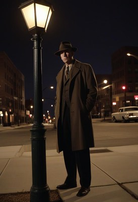 Man in coat standing by streetlight at night