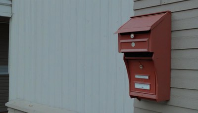 Red mailbox on white wall