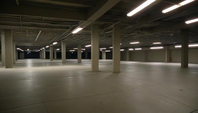 Empty parking garage at night