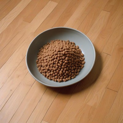 Dog food in bowl on wooden floor
