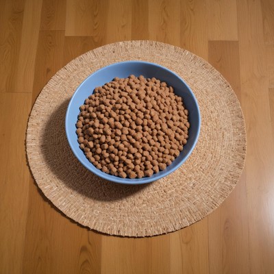 Blue bowl of dog food on placemat