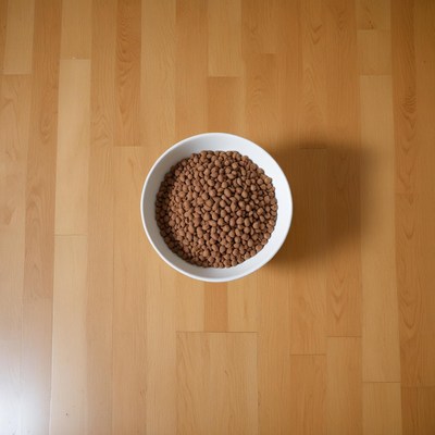 White bowl of dog food on wood floor