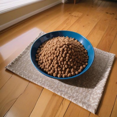 Dog food bowl on wooden floor