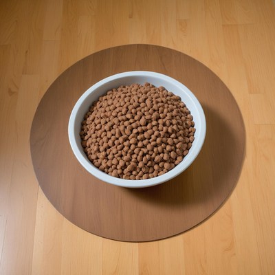 Bowl of dog food on wooden floor