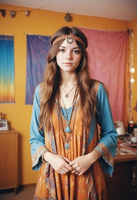 Woman in boho dress, interior, day