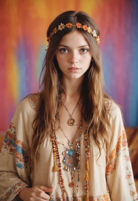 Woman in flower crown and bohemian dress