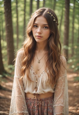 Woman in forest with flower crown