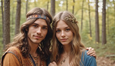 Couple in forest with flower crowns