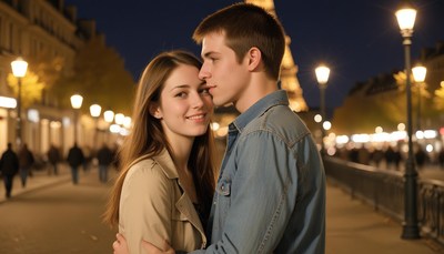 Couple embraces in paris at night