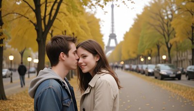 Couple kissing in paris in autumn