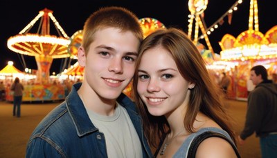 Couple smiling at night fair