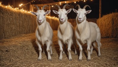 Three white goats in hay barn