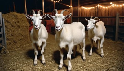 Three white goats in a barn