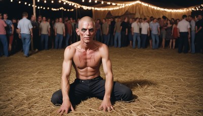 Man kneeling in hay at night