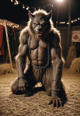 Chained werewolf in a circus tent