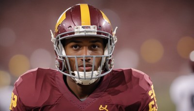 Football player in helmet on field