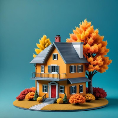 Autumn house model with trees