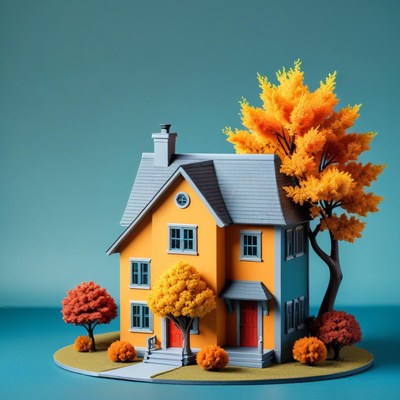 Yellow house with autumn trees