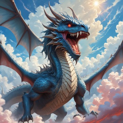 Blue dragon soaring through clouds