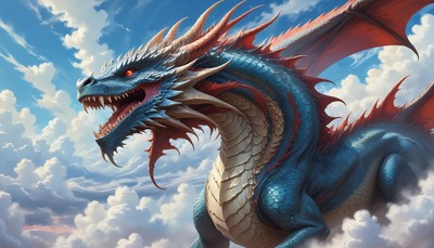 Blue and red dragon soaring through clouds