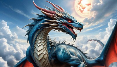 Blue dragon soaring through clouds