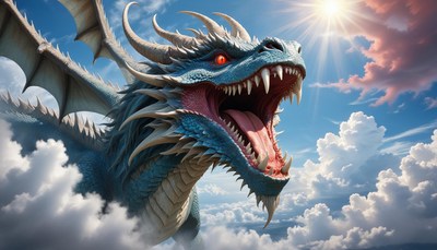 Blue dragon soaring through clouds