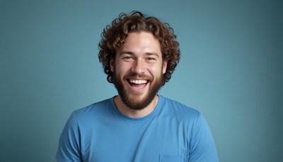 Man laughing in blue shirt