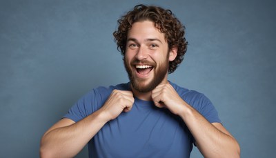 Man in blue shirt excited