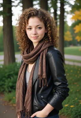 Woman in black leather jacket and brown scarf