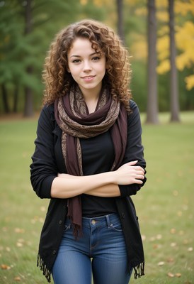 Woman with curly hair in a park