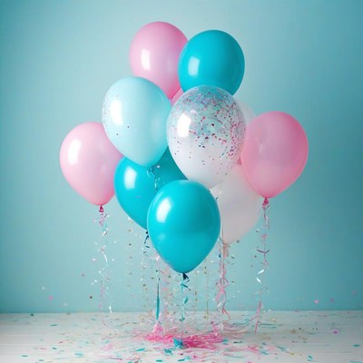 Blue and pink balloons with confetti
