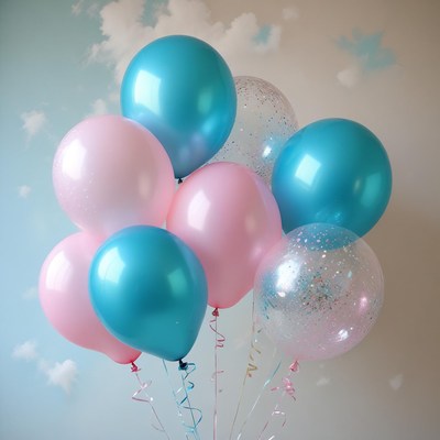 Blue and pink balloons against cloudy sky