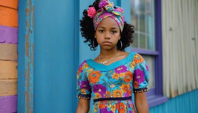 Girl in floral dress in front of blue wall