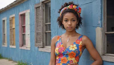 Woman in floral dress leaning against blue wall