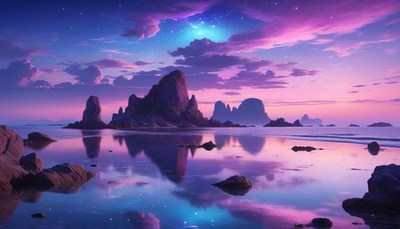 Purple sunset over rocky coast