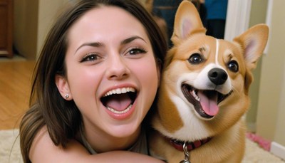 Woman and dog smiling close up
