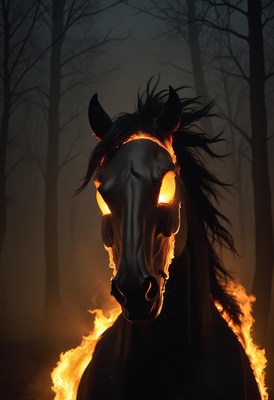 Flaming horse in dark forest