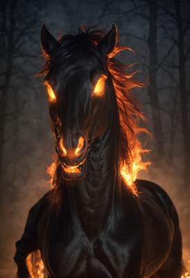 Black horse burning in forest
