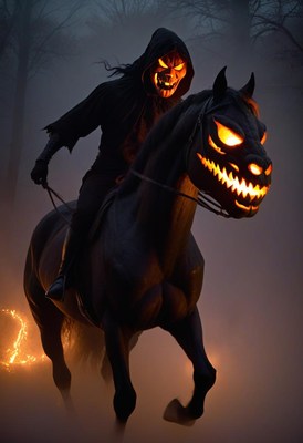 Dark horse rider in foggy forest