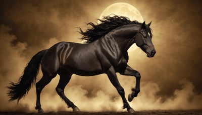 Black horse running under full moon