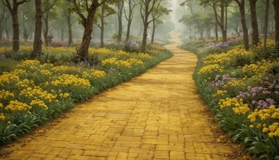 Yellow brick road in foggy forest