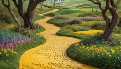 Yellow brick road in a green landscape