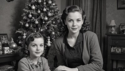 Mother and daughter by christmas tree
