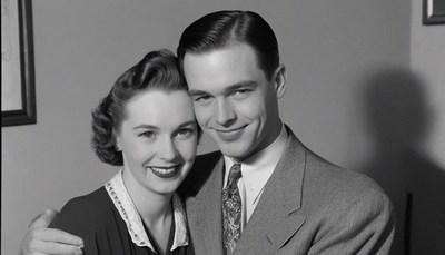 Couple posing for photo, 1950s