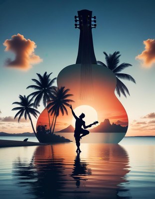 Silhouette of guitarist at sunset