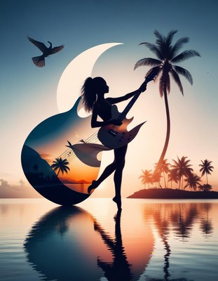 Silhouette of woman playing guitar at sunset