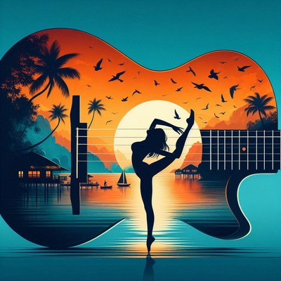 Silhouette dancer on guitar sunset