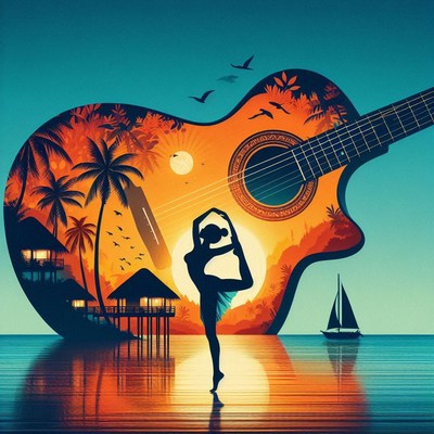 Woman dancing on a guitar at a sunset