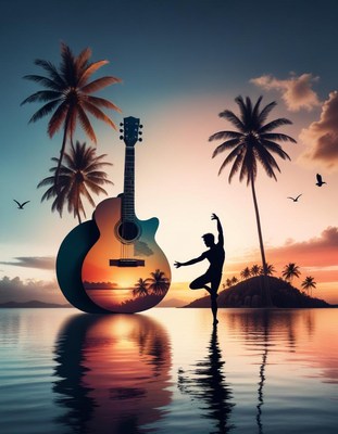 Silhouette dancer with sunset guitar