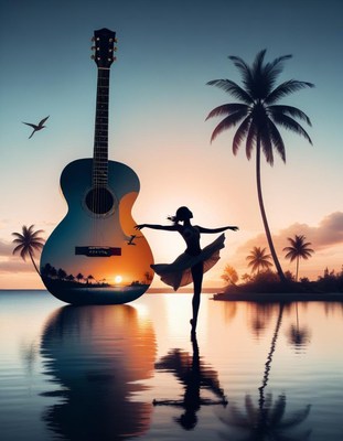 Silhouette of dancer with guitar at sunset